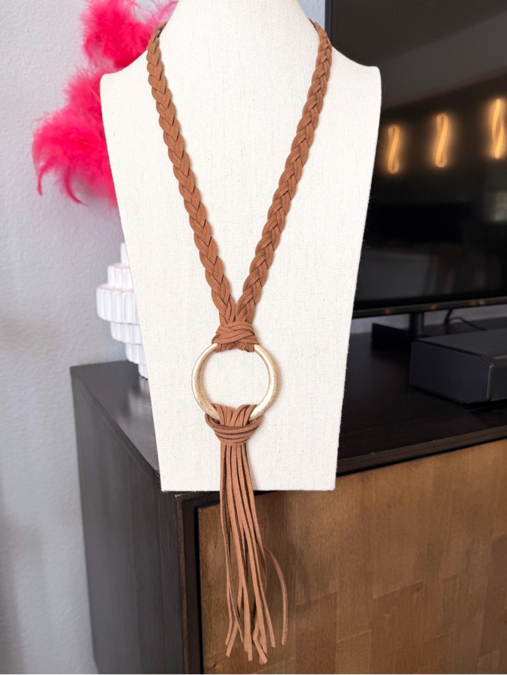 INC International Concepts Braided Tassel Necklace in Brown with Gold Ring - Picture 4 of 5